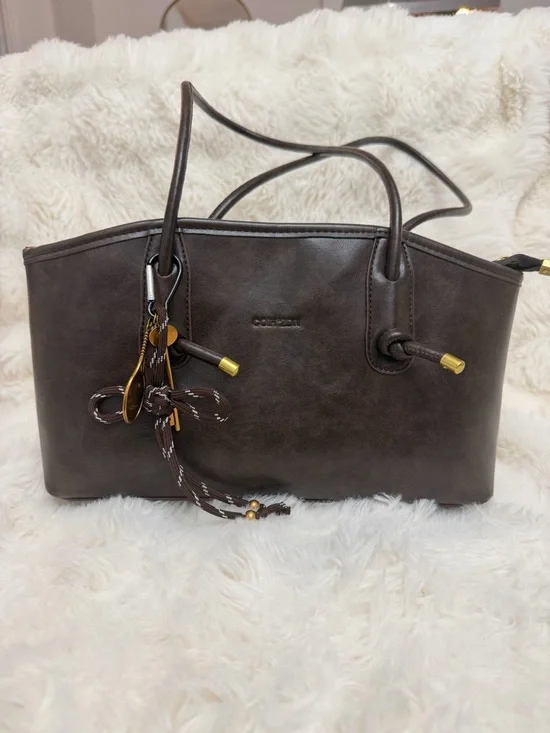 Chocolate Brown Leather Tote with Tassel Charm - Picture 1 of 4